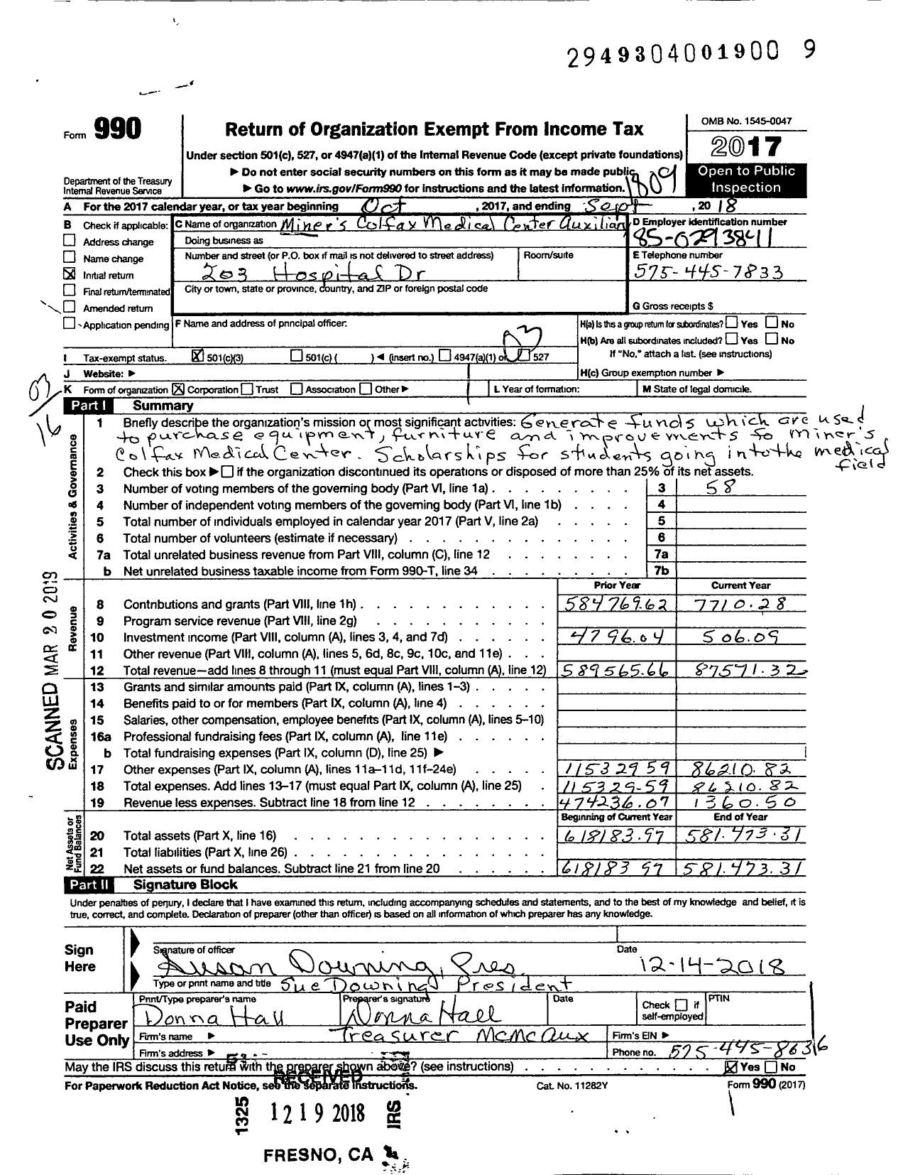 Image of first page of 2017 Form 990 for Miners Colfax Medical Center Auxiliary (MCMC)