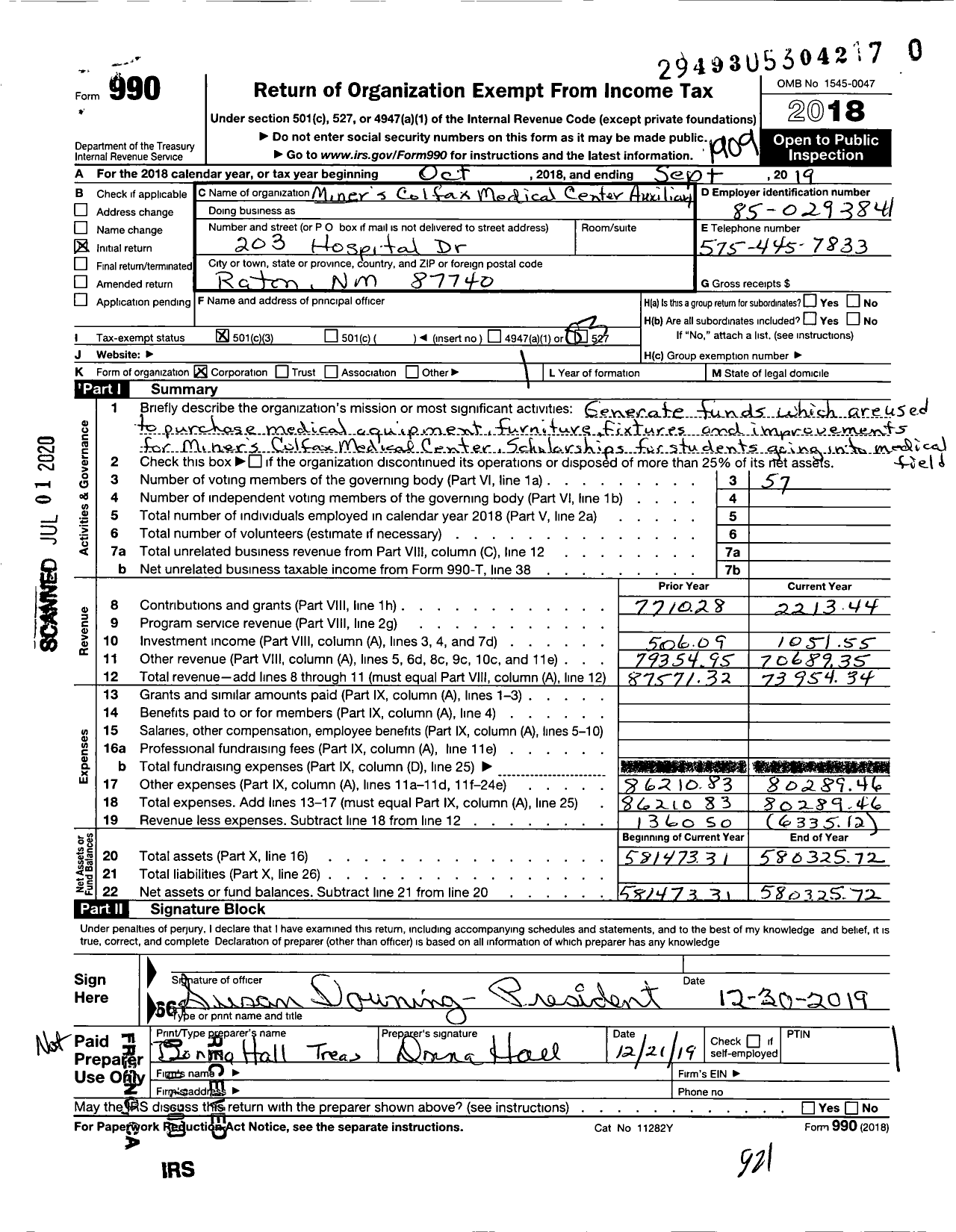 Image of first page of 2018 Form 990 for Miners Colfax Medical Center Auxiliary (MCMC)