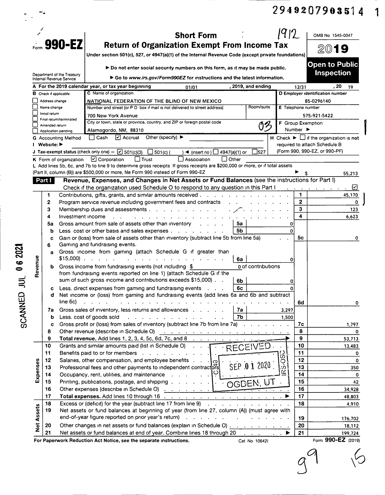Image of first page of 2019 Form 990EZ for National Federation of the Blind of New Mexico