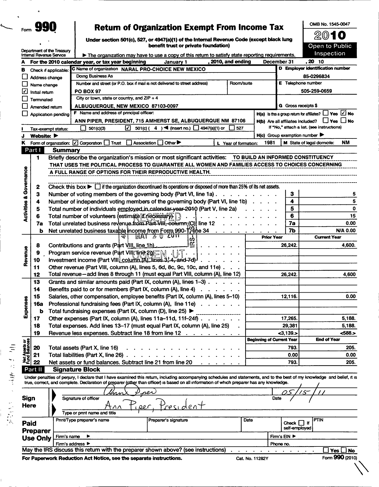 Image of first page of 2010 Form 990O for Naral Pro-Choice New Mexico