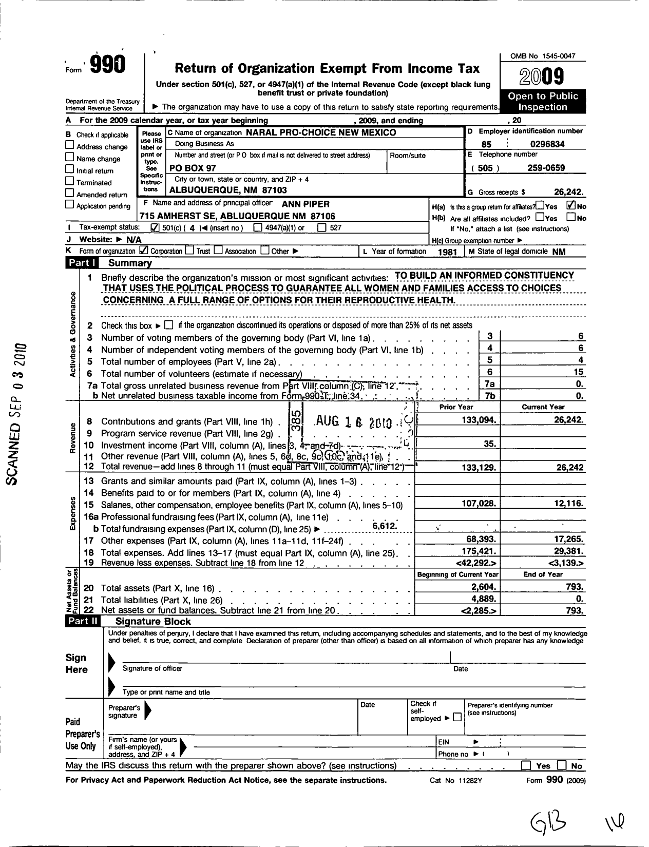 Image of first page of 2009 Form 990O for Naral Pro-Choice New Mexico