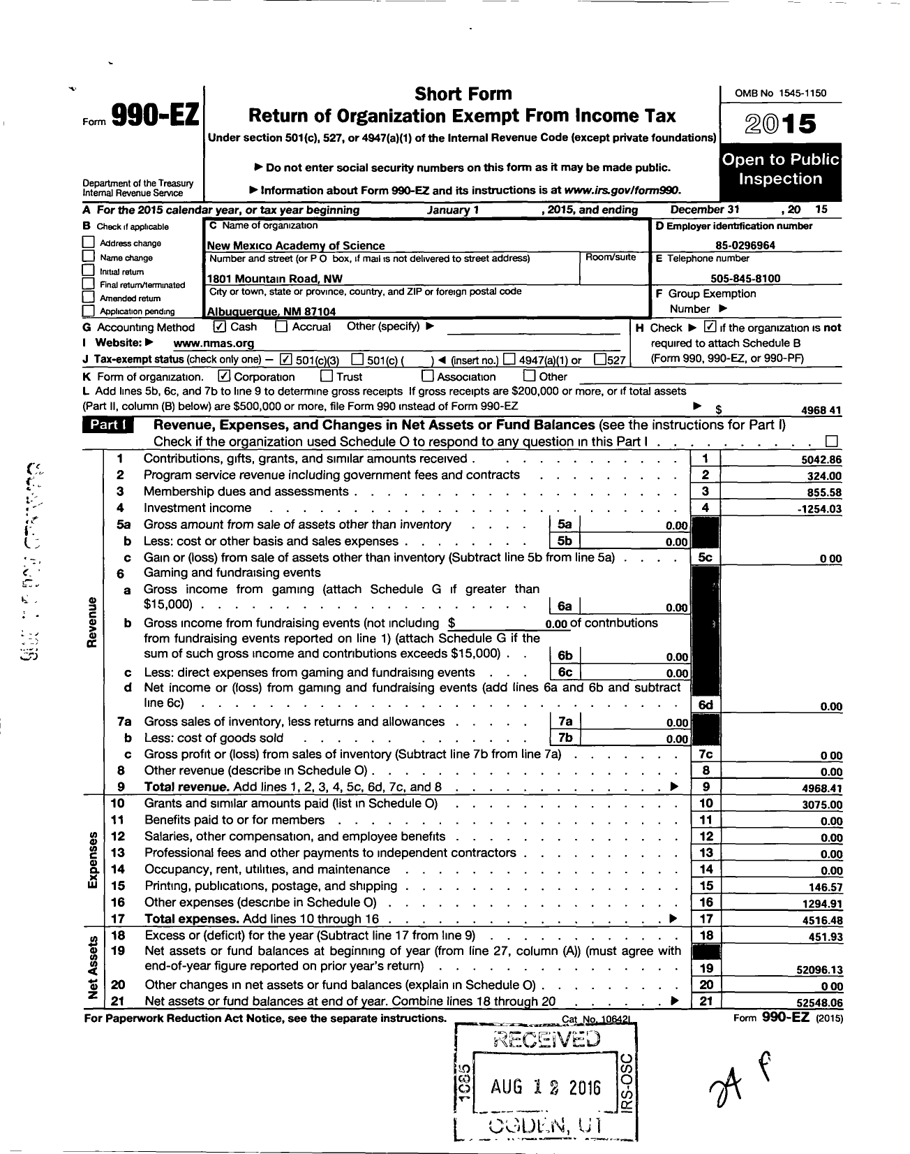 Image of first page of 2015 Form 990EZ for New Mexico Academy of Science