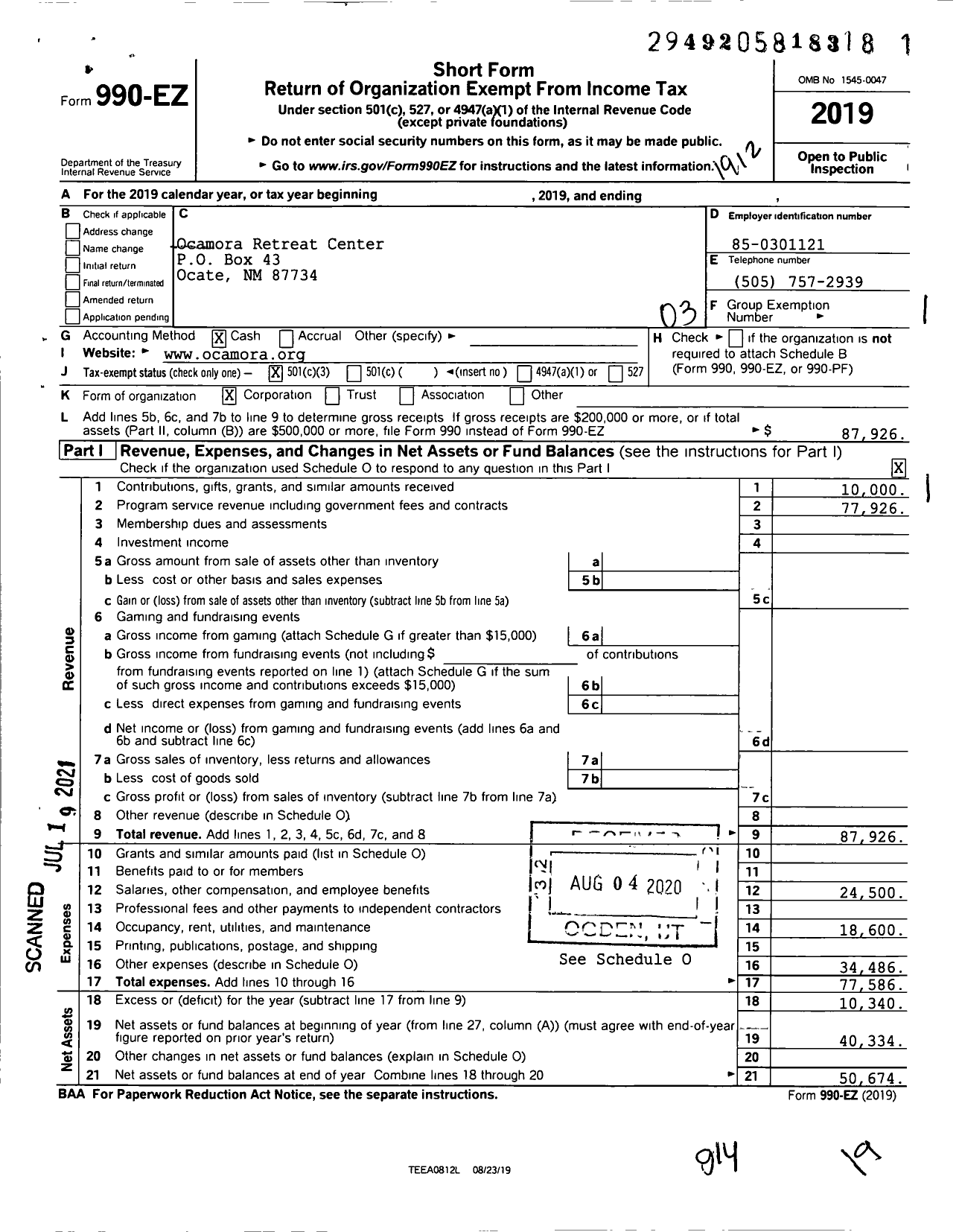 Image of first page of 2019 Form 990EZ for Ocamora Foundation