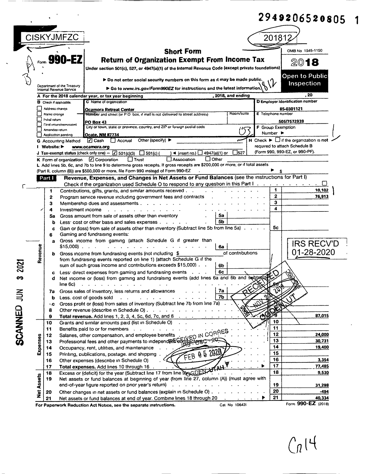 Image of first page of 2018 Form 990EZ for Ocamora Foundation