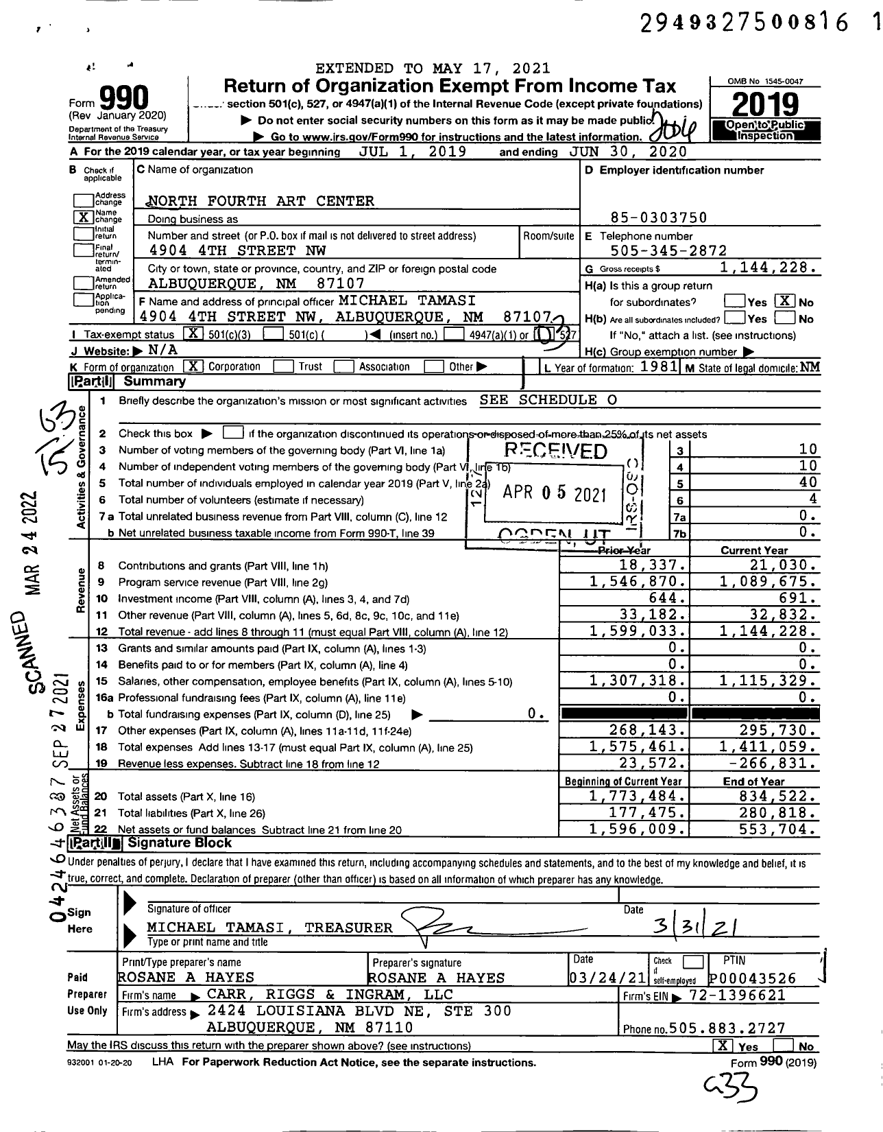 Image of first page of 2019 Form 990 for North Fourth Art Center