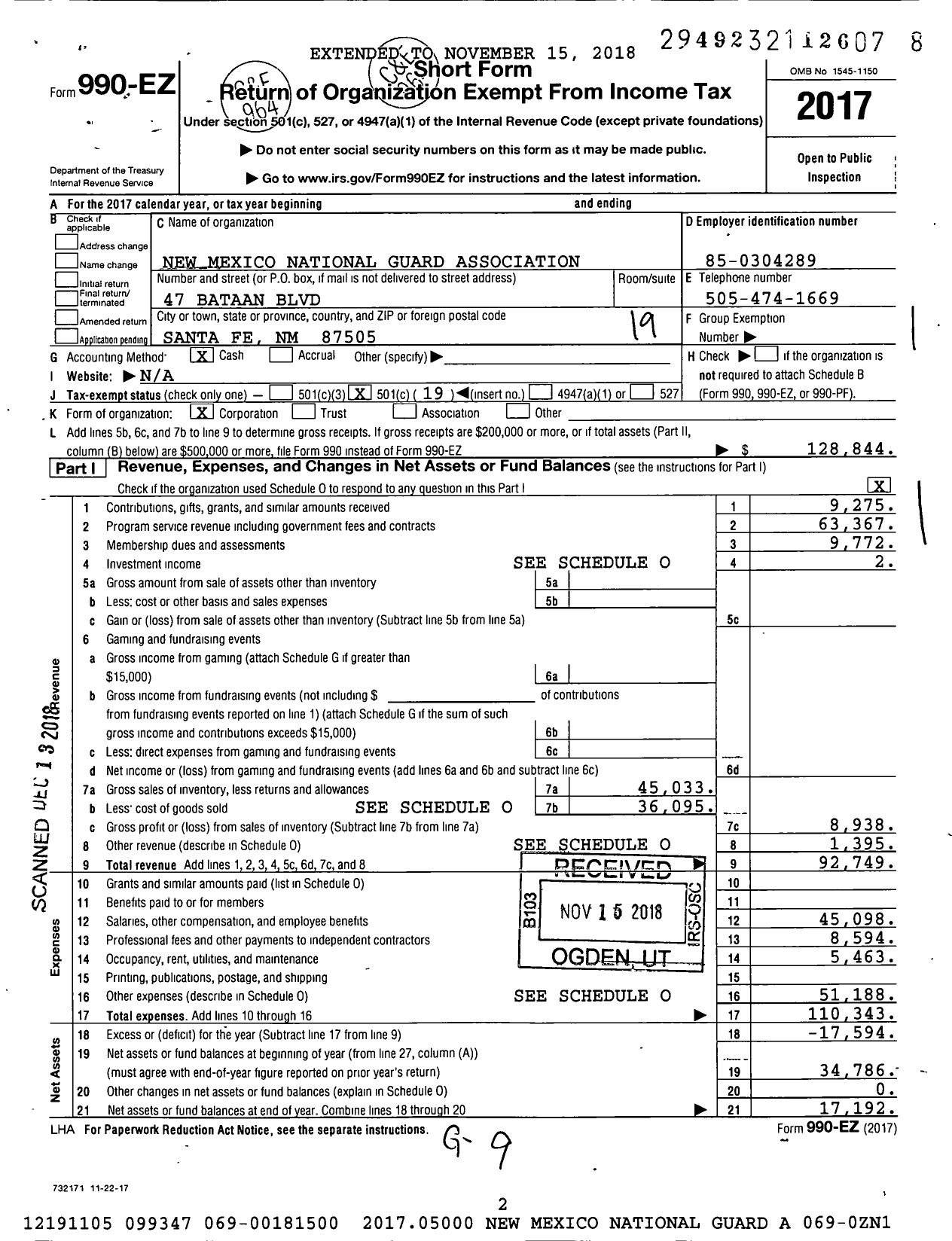 Image of first page of 2017 Form 990EO for New Mexico National Guard Association