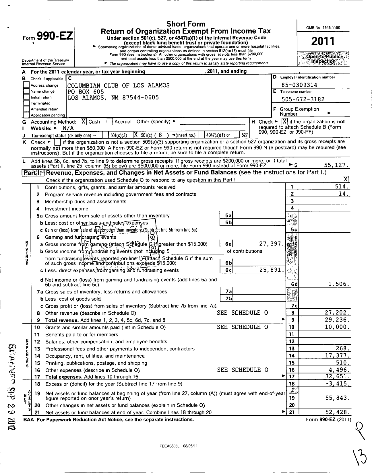 Image of first page of 2011 Form 990EO for Columbian Club of Los Alamos