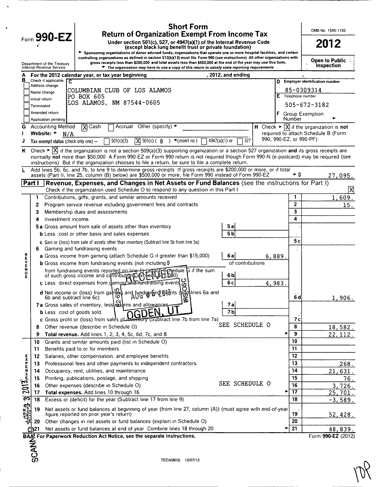 Image of first page of 2012 Form 990EO for Columbian Club of Los Alamos