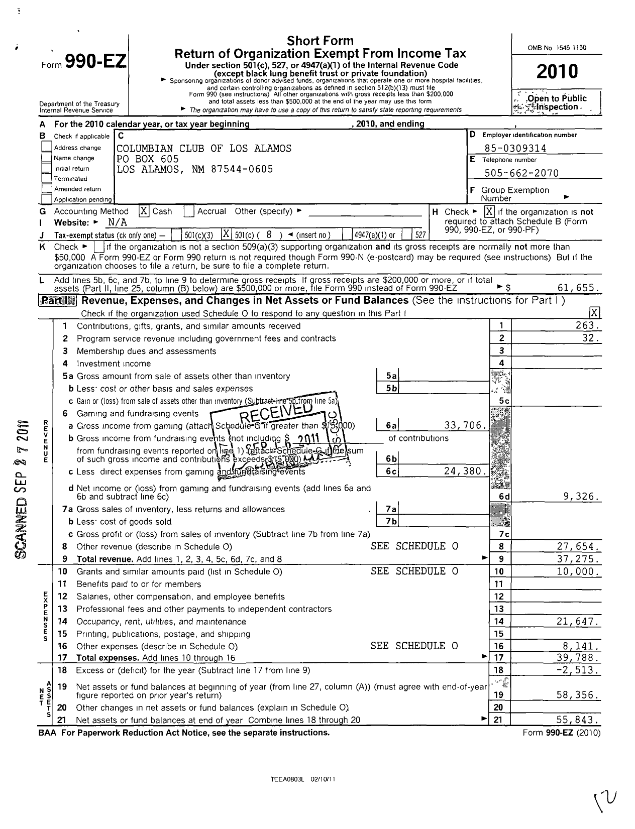 Image of first page of 2010 Form 990EO for Columbian Club of Los Alamos