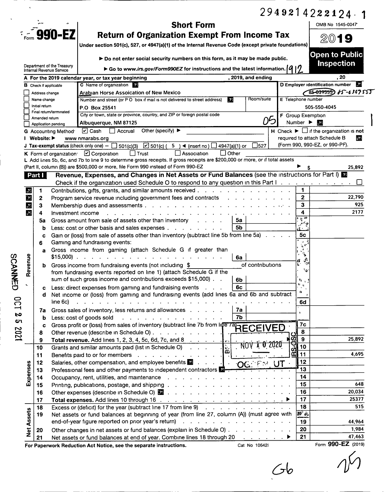 Image of first page of 2019 Form 990EO for Arabian Horse Association of New Mexico