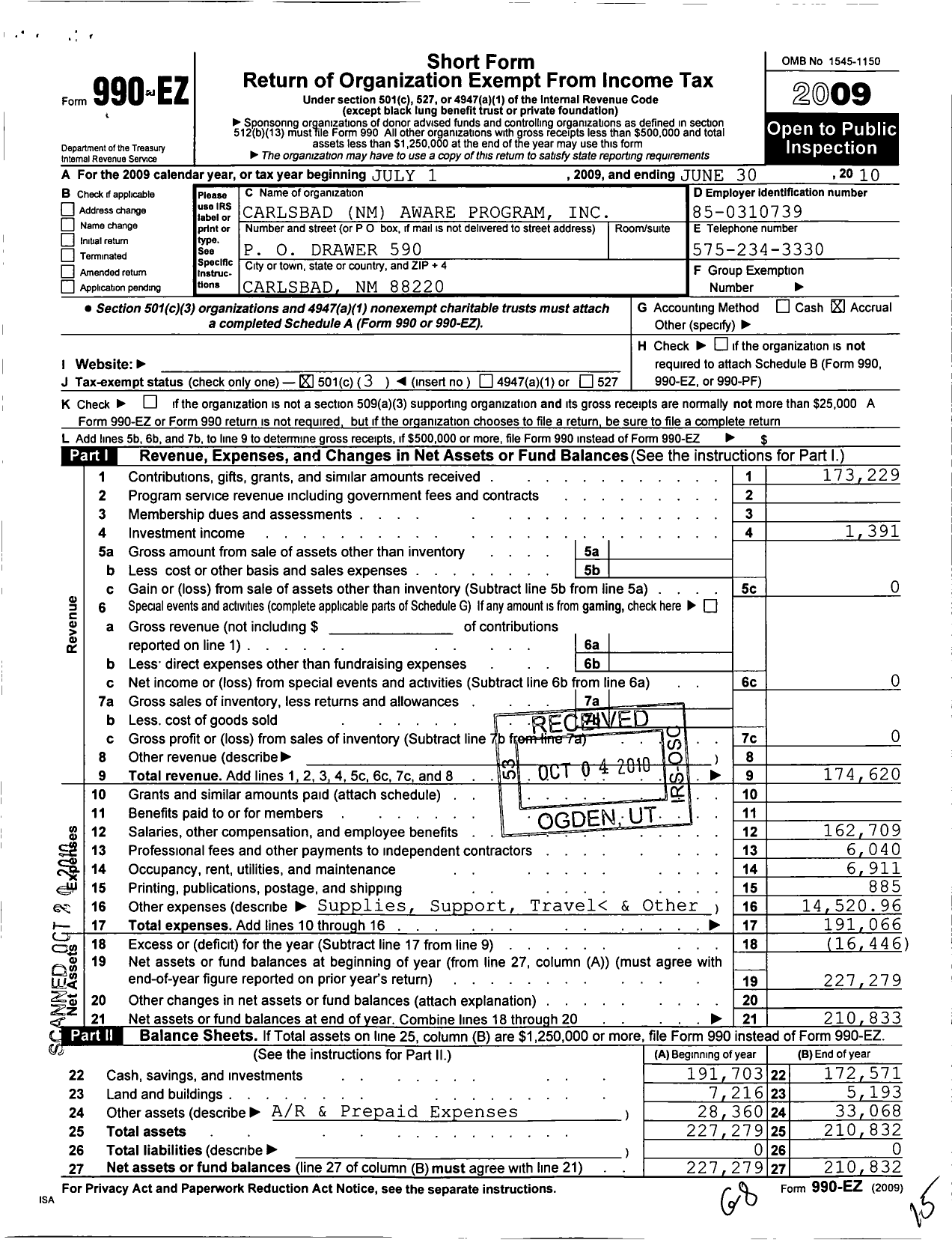 Image of first page of 2009 Form 990EZ for Carlsbad NM Aware Program