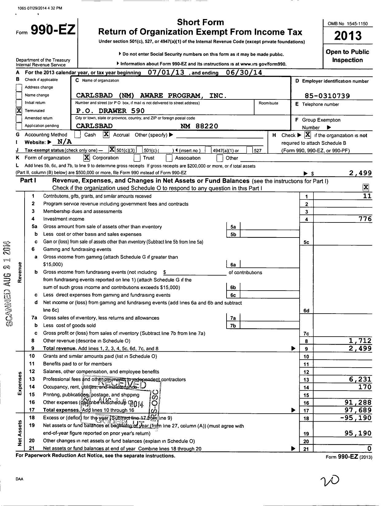 Image of first page of 2013 Form 990EZ for Carlsbad NM Aware Program