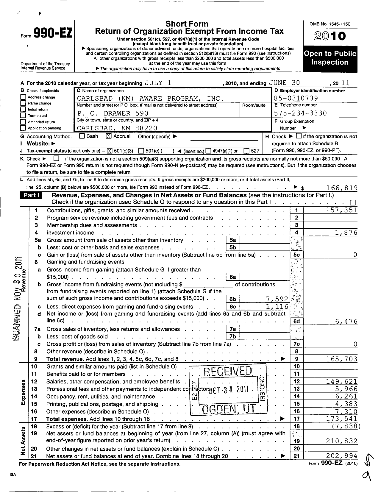 Image of first page of 2010 Form 990EZ for Carlsbad NM Aware Program