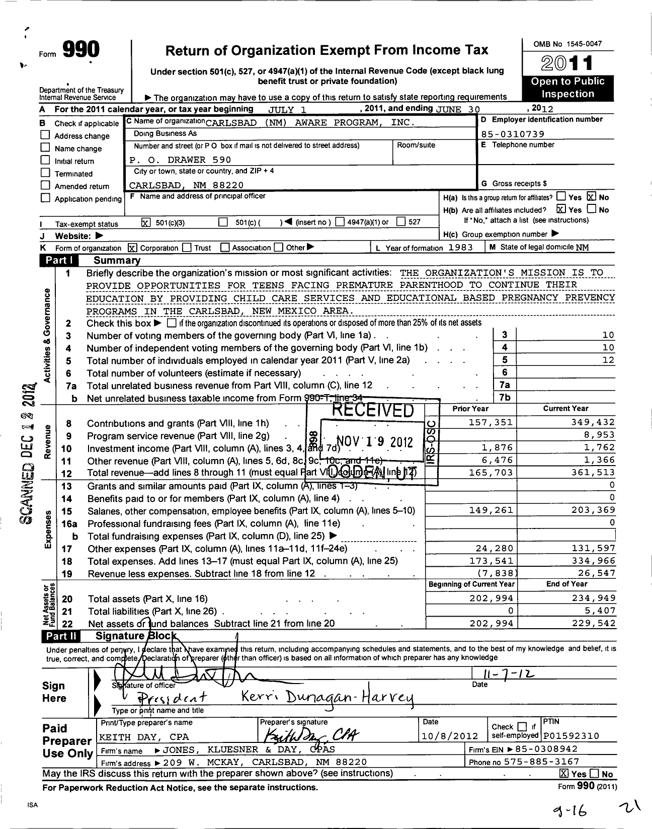 Image of first page of 2011 Form 990 for Carlsbad NM Aware Program