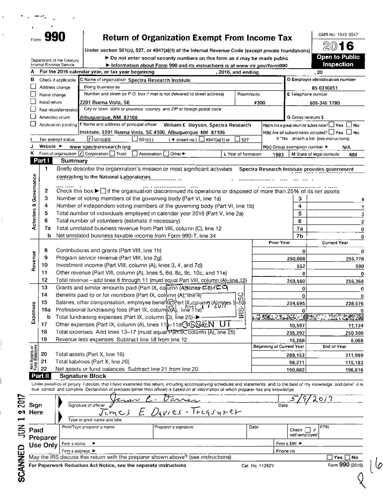 Image of first page of 2016 Form 990 for Spectra Research Institute