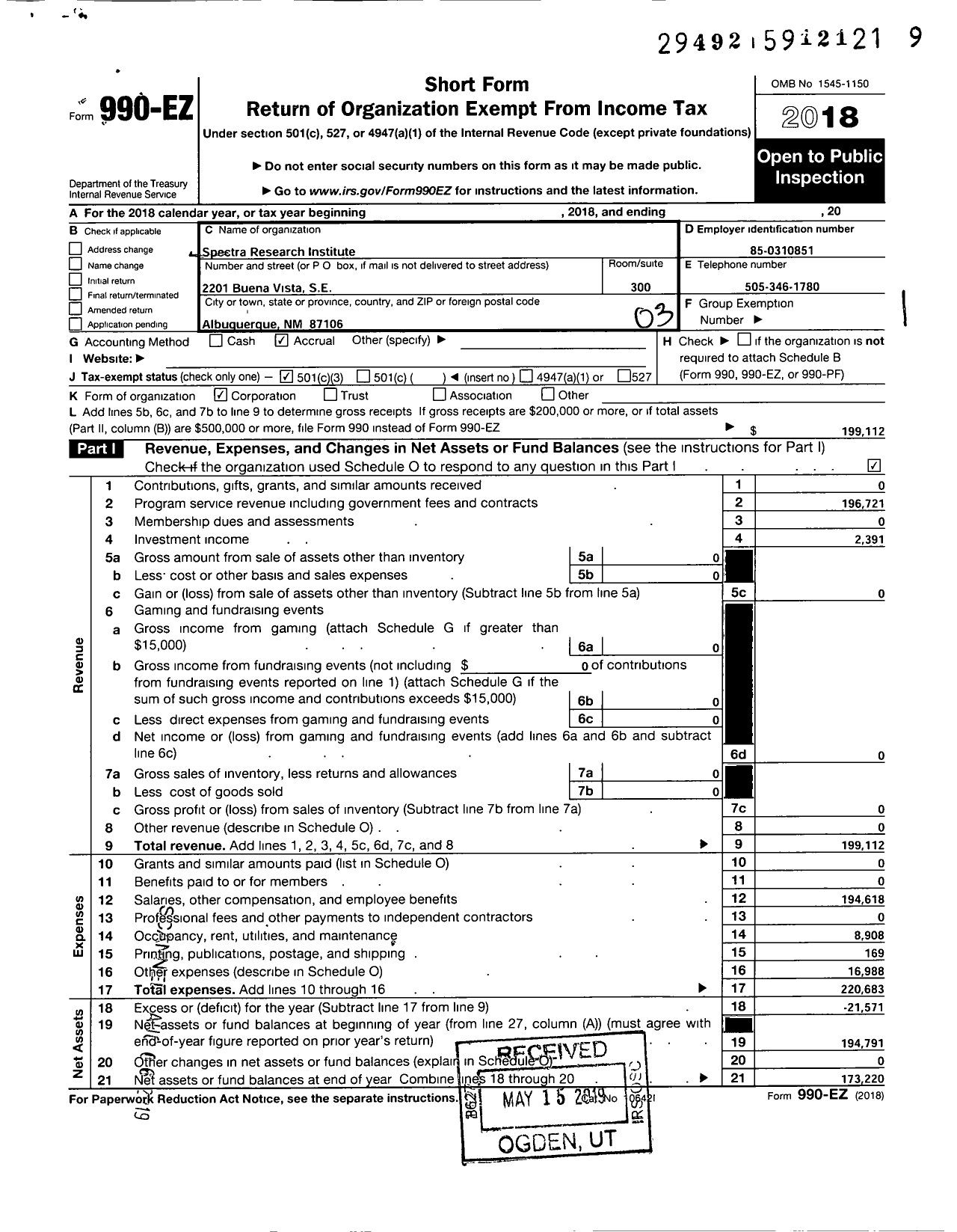 Image of first page of 2018 Form 990EZ for Spectra Research Institute