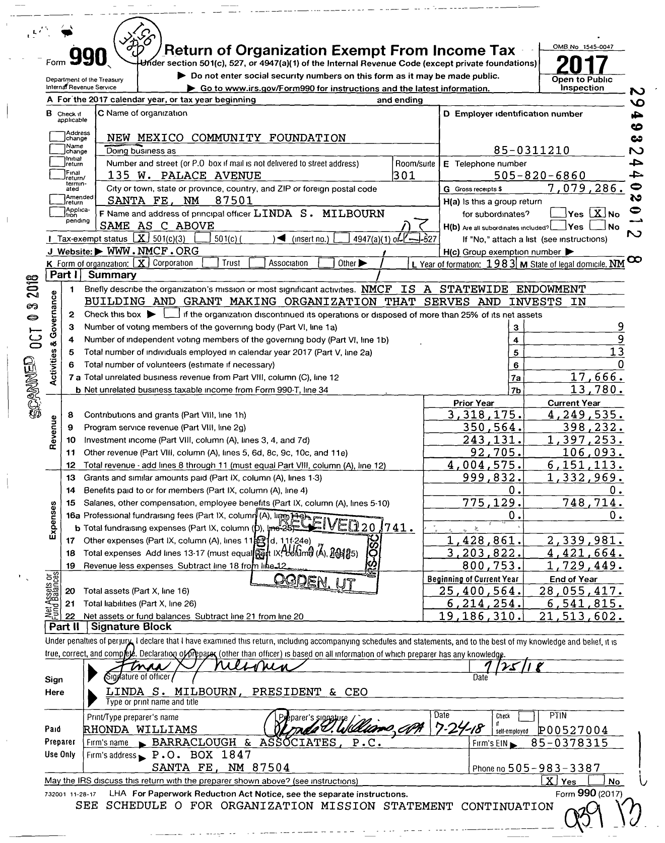 Image of first page of 2017 Form 990 for New Mexico Community Foundation
