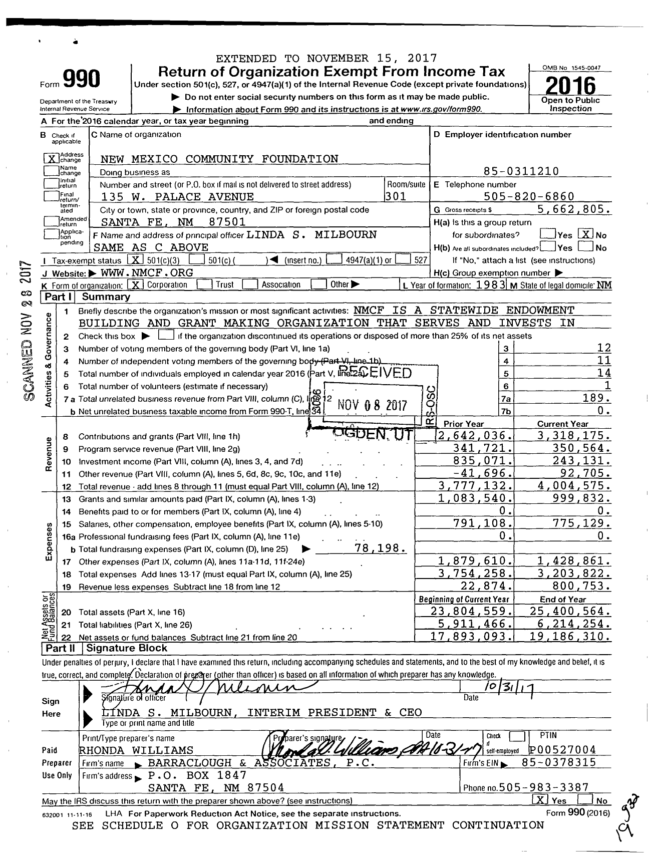 Image of first page of 2016 Form 990 for New Mexico Community Foundation