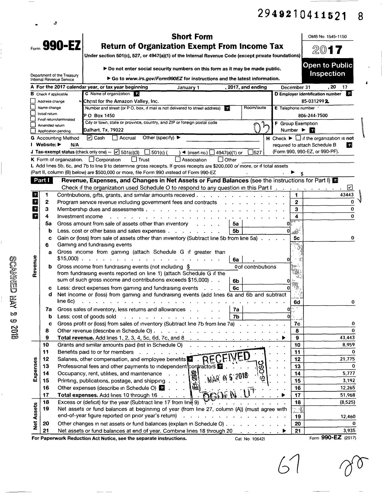 Image of first page of 2017 Form 990EZ for Christ for the Amazon Valley