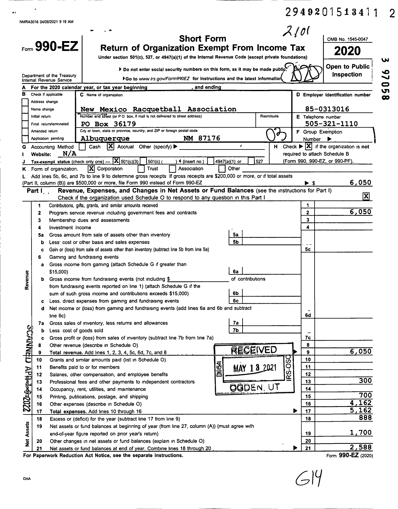 Image of first page of 2020 Form 990EZ for New Mexico Racquetball Association