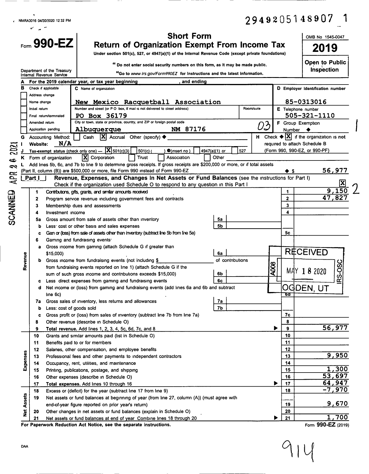 Image of first page of 2019 Form 990EZ for New Mexico Racquetball Association