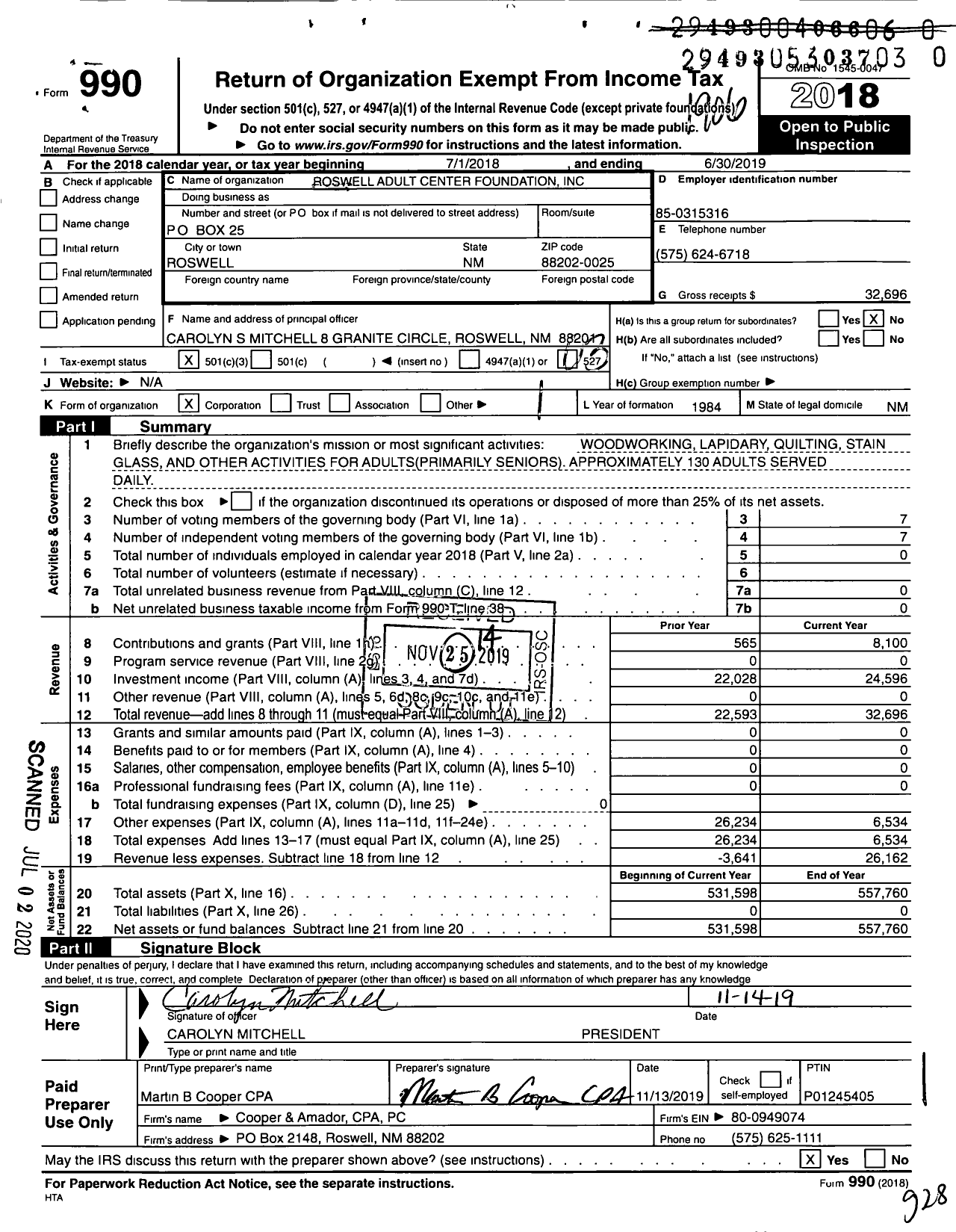 Image of first page of 2018 Form 990 for Roswell Adult Center Foundation