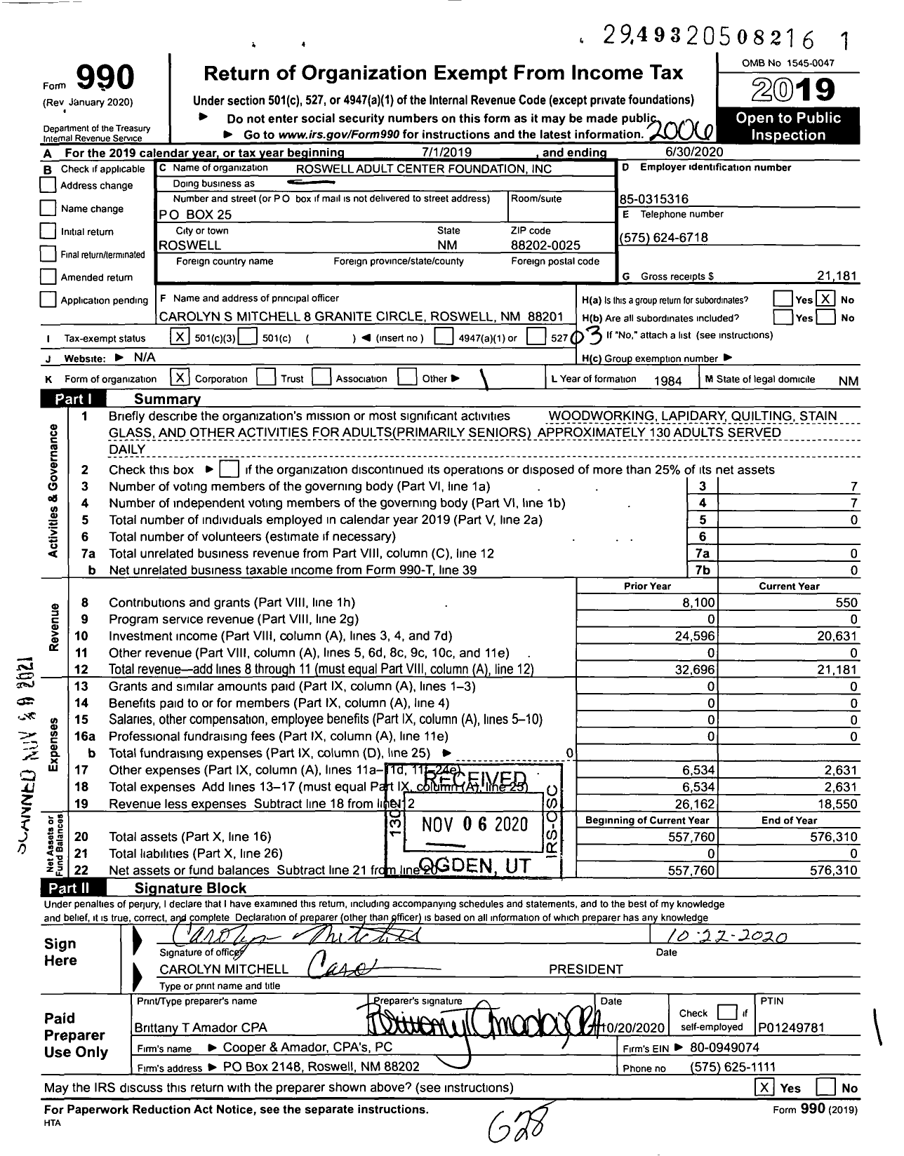 Image of first page of 2019 Form 990 for Roswell Adult Center Foundation