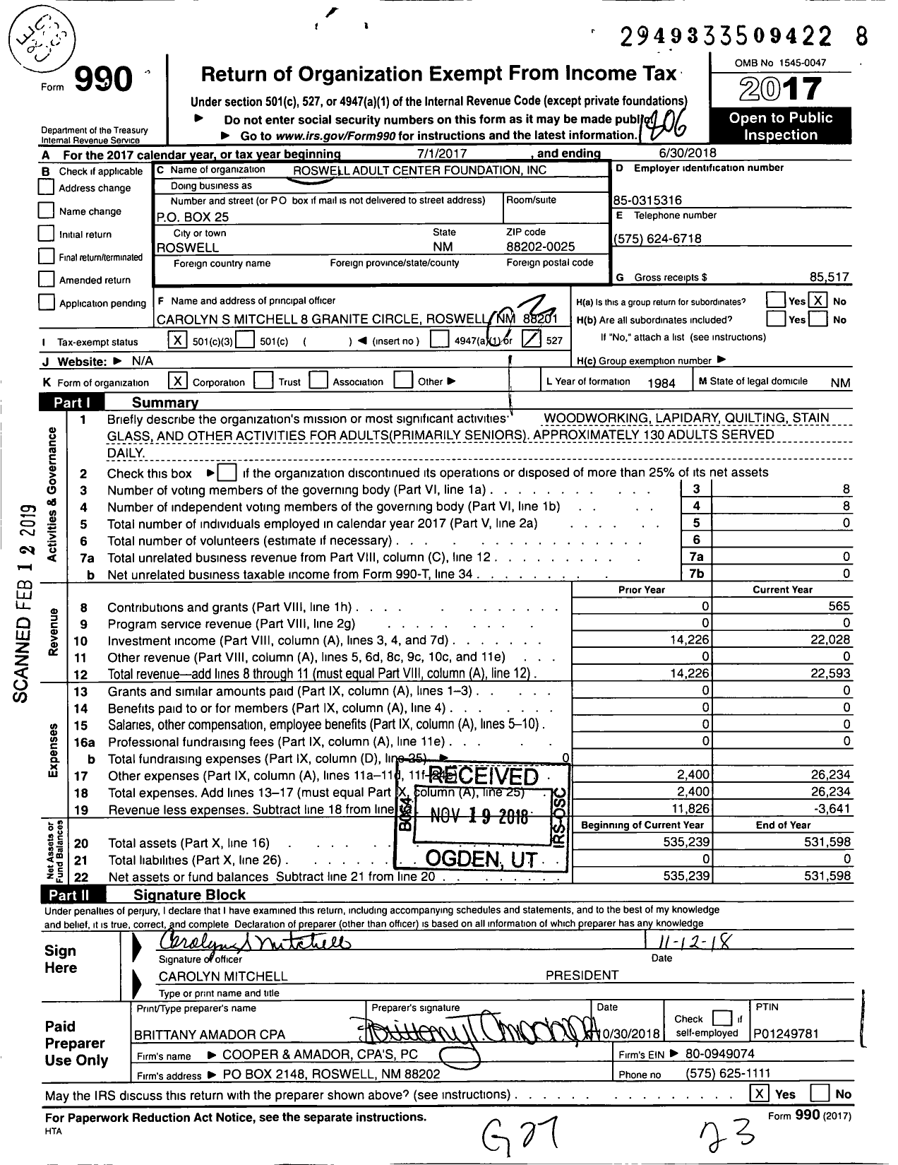 Image of first page of 2017 Form 990 for Roswell Adult Center Foundation