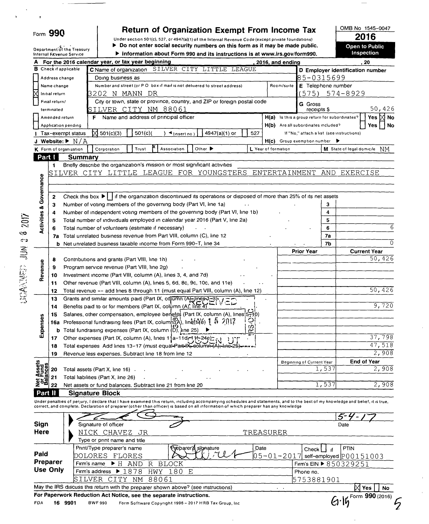 Image of first page of 2016 Form 990 for Silver City Little League