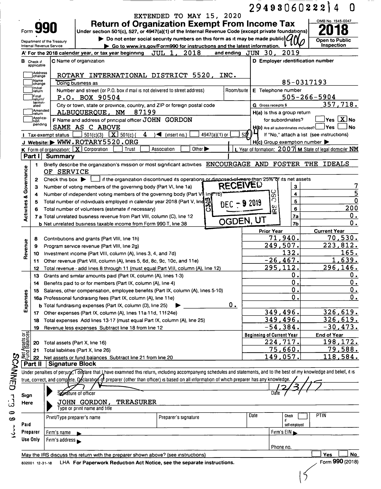 Image of first page of 2018 Form 990O for Rotary International - 5520 District