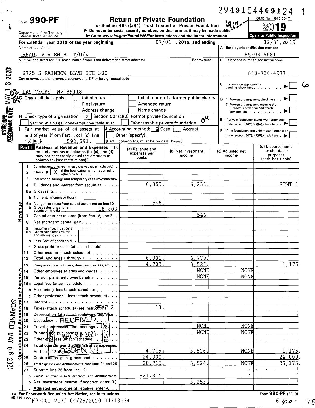 Image of first page of 2019 Form 990PF for Head Vivien B Tuw