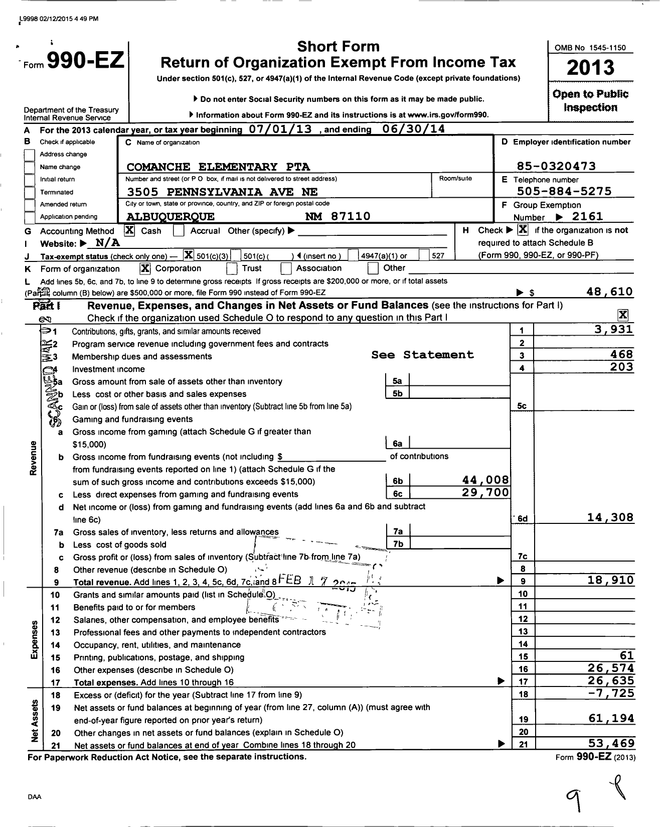 Image of first page of 2013 Form 990EZ for PTA New Mexico Congress / Comanche Elementary School PTA