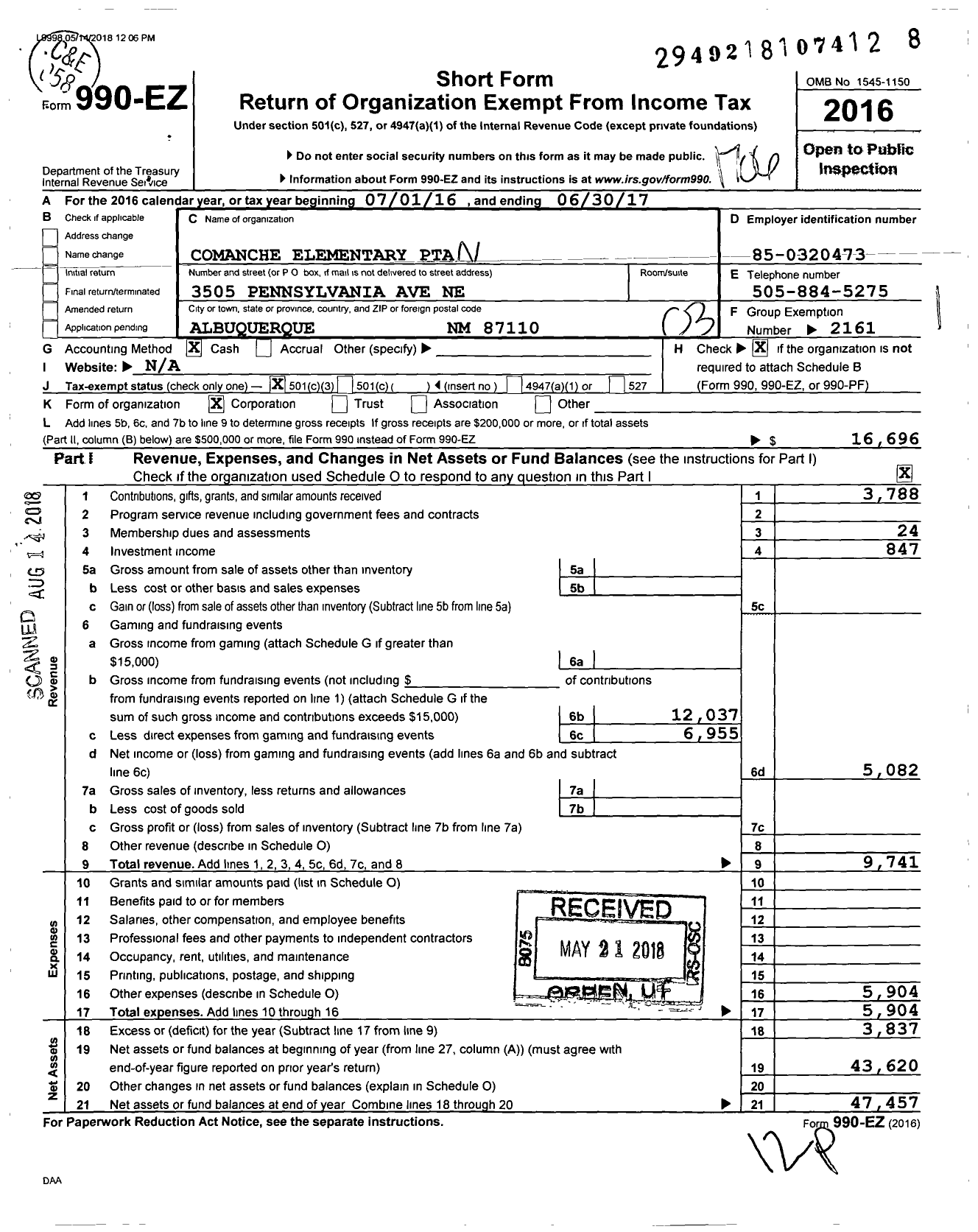 Image of first page of 2016 Form 990EZ for PTA New Mexico Congress / Comanche Elementary School PTA