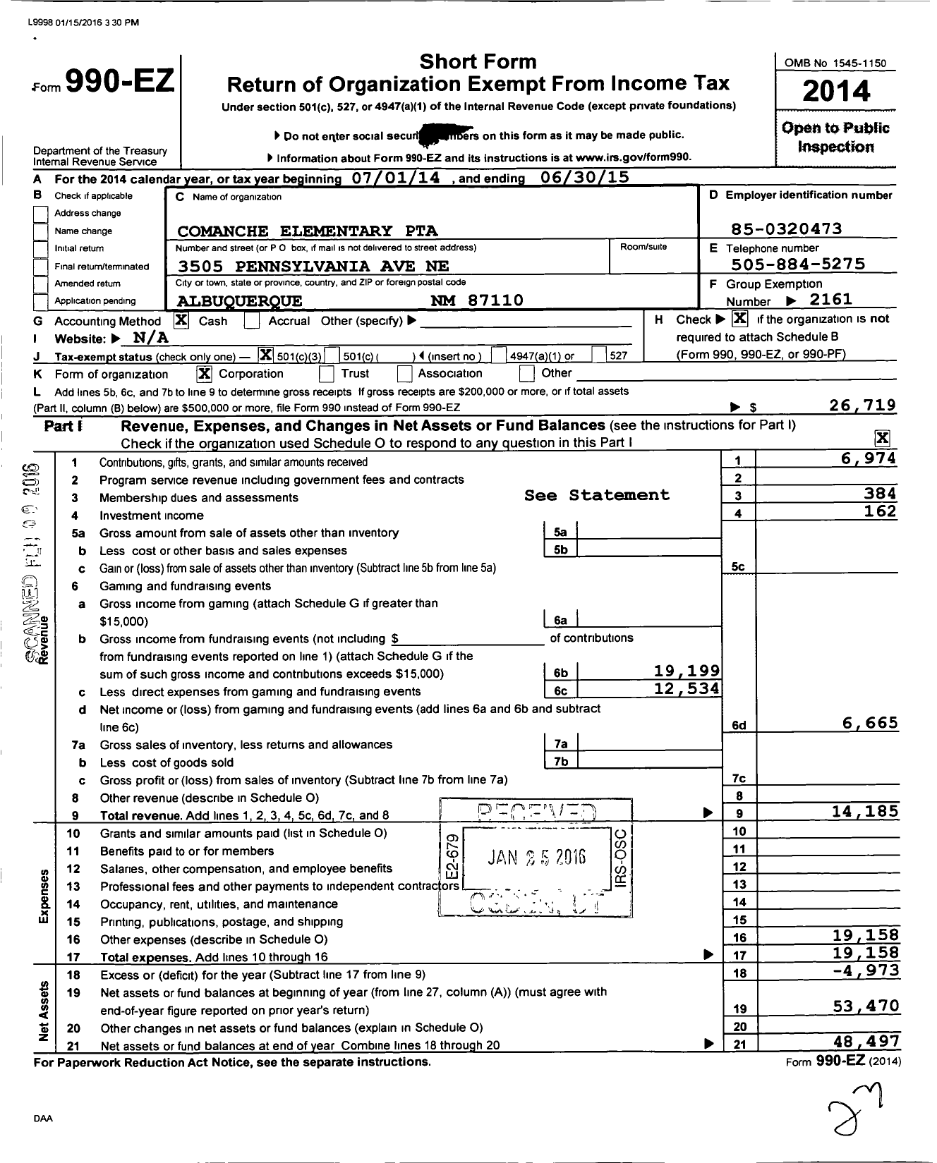 Image of first page of 2014 Form 990EZ for PTA New Mexico Congress / Comanche Elementary School PTA