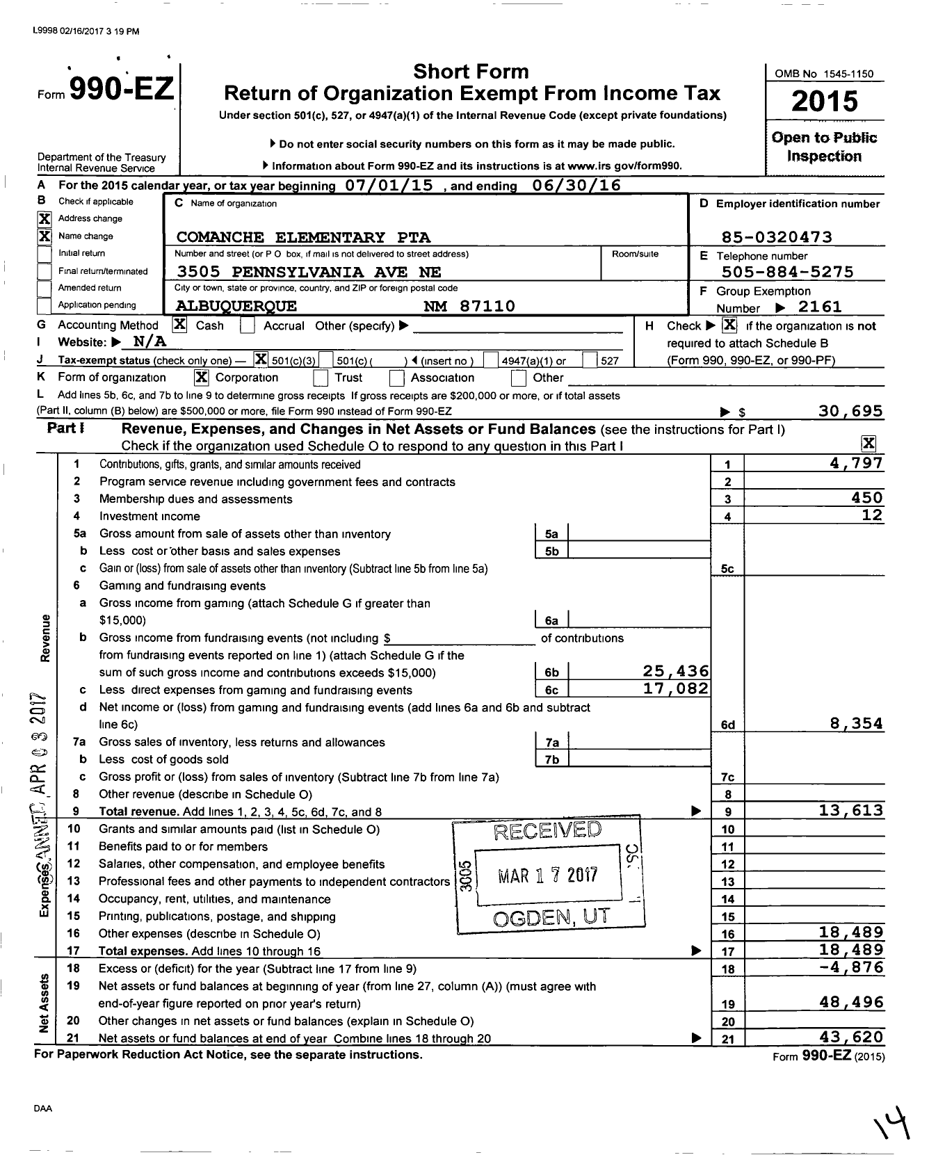 Image of first page of 2015 Form 990EZ for PTA New Mexico Congress / Comanche Elementary School PTA