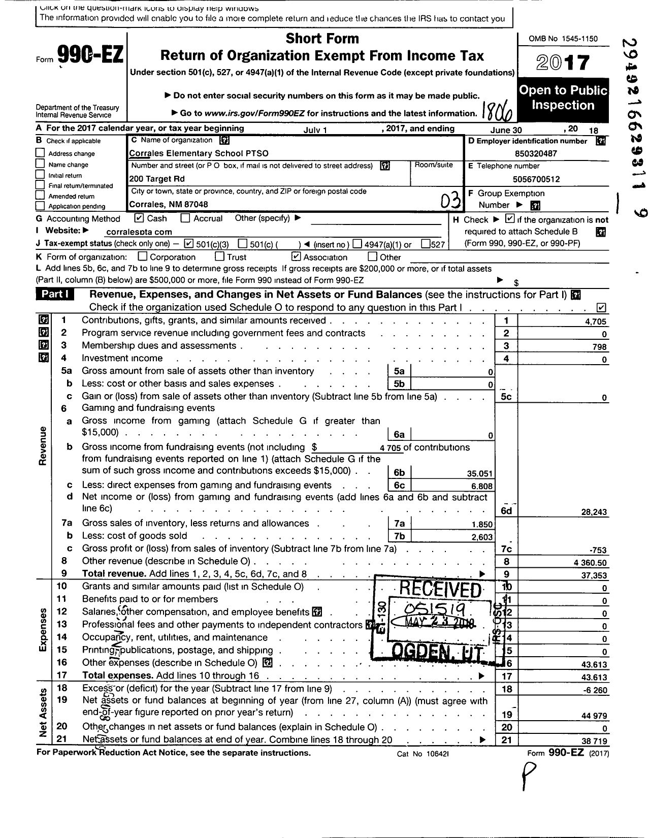 Image of first page of 2017 Form 990EZ for Corrales Elementary PTA