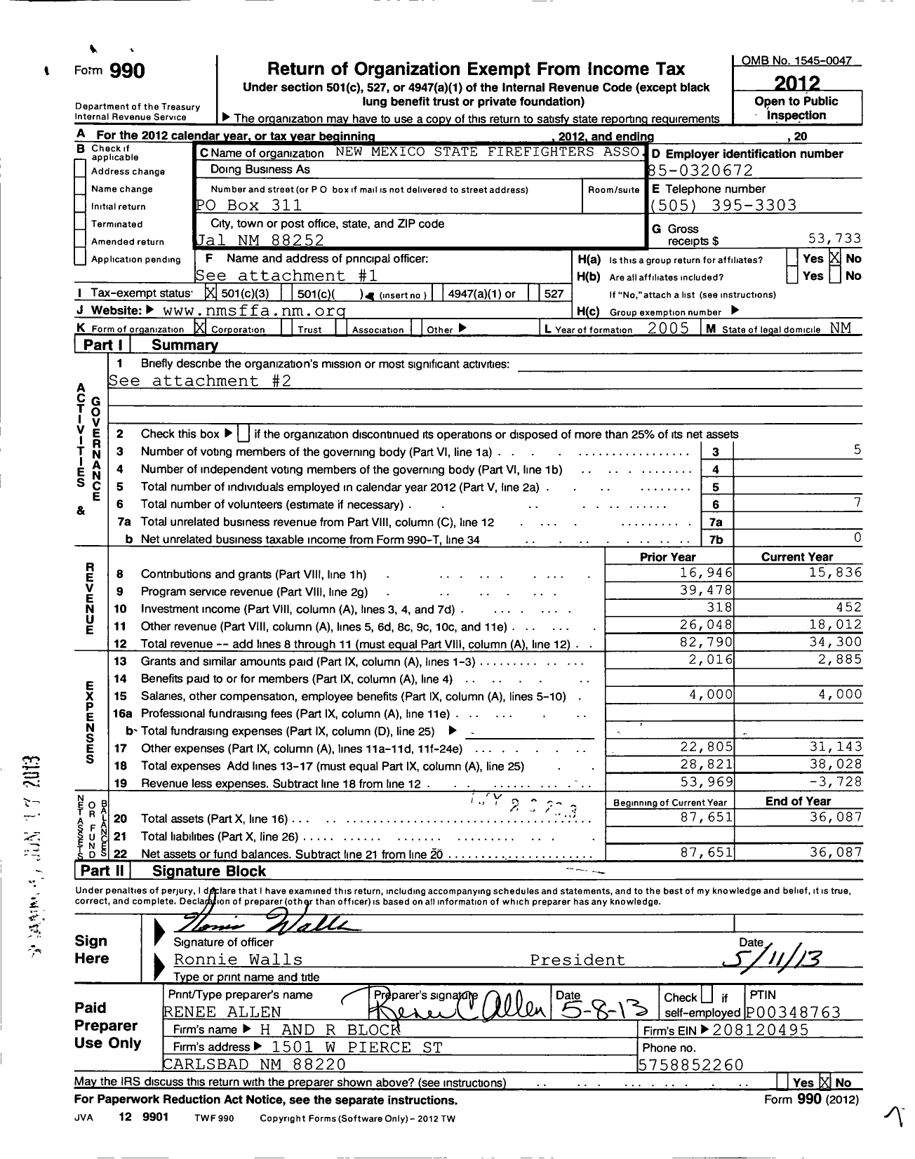 Image of first page of 2012 Form 990 for New Mexico State Firefighters Association