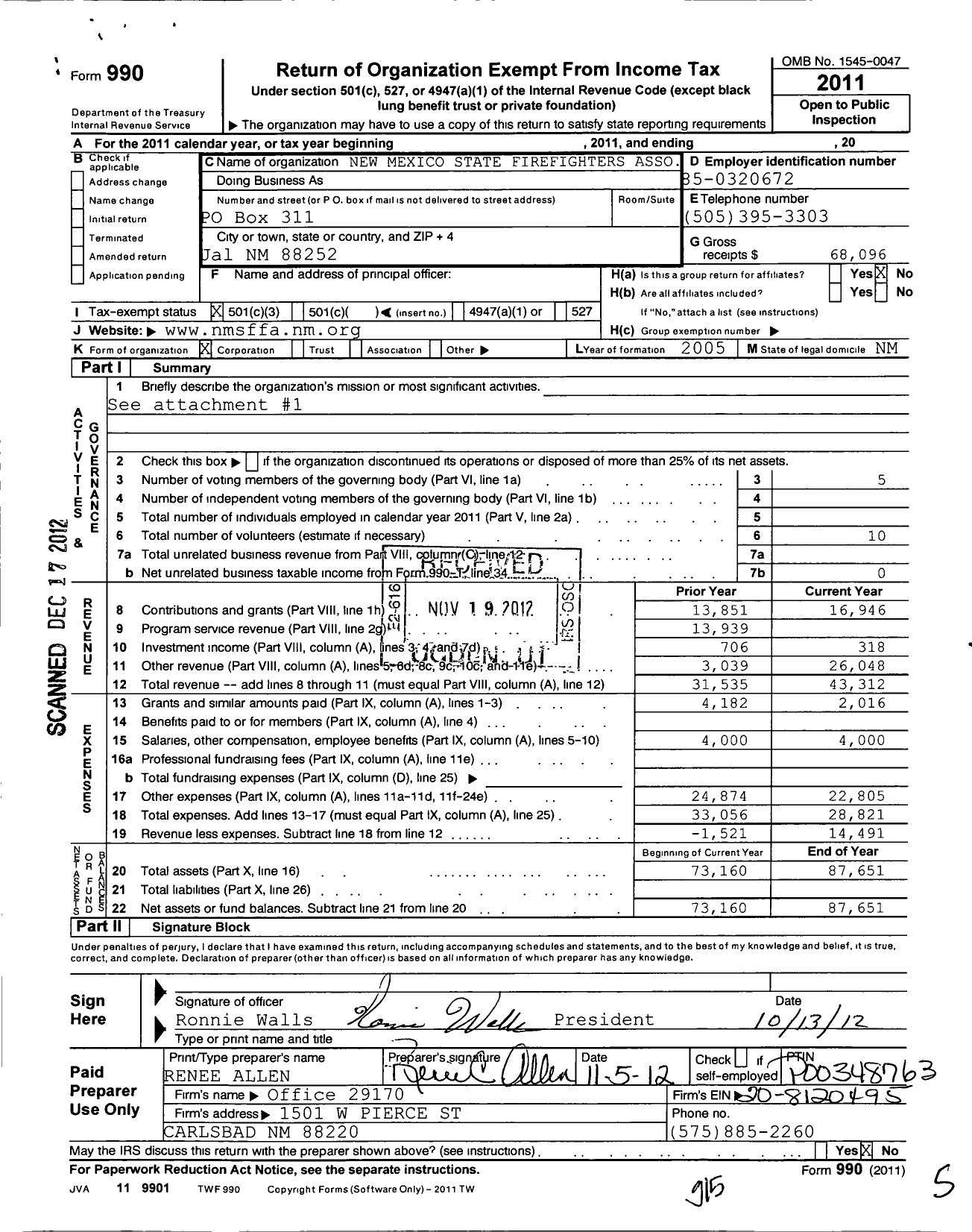 Image of first page of 2011 Form 990 for New Mexico State Firefighters Association