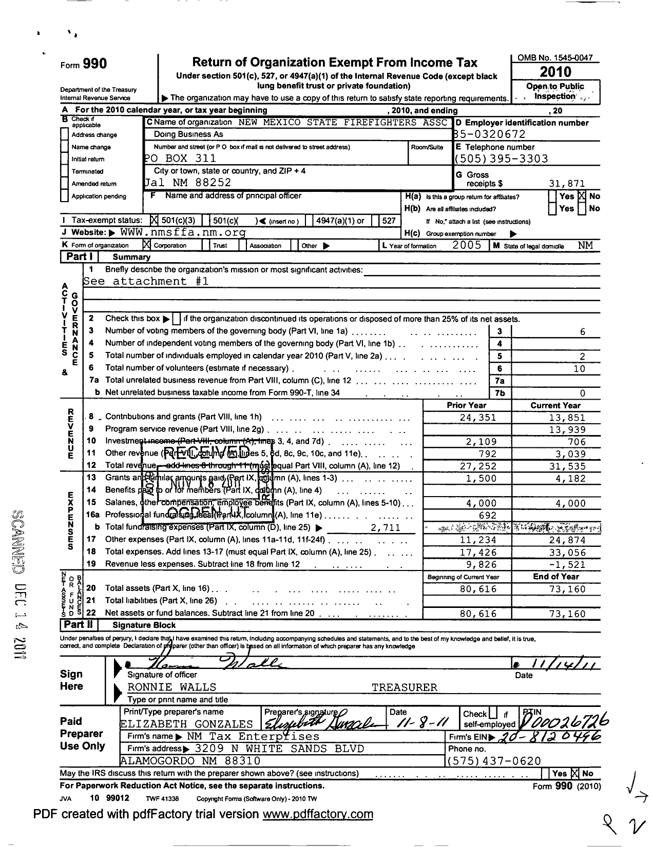 Image of first page of 2010 Form 990 for New Mexico State Firefighters Association