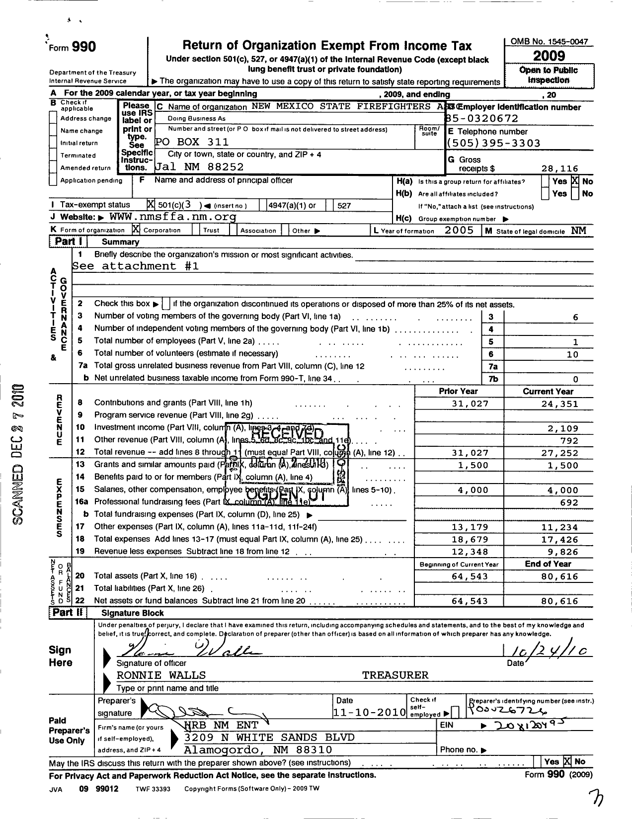 Image of first page of 2009 Form 990 for New Mexico State Firefighters Association