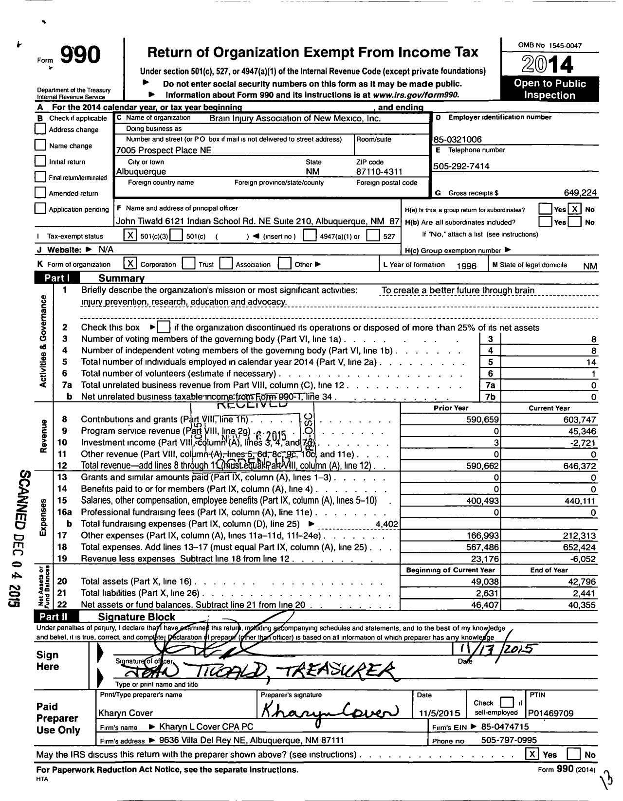 Image of first page of 2014 Form 990 for Brain Injury Alliance of New Mexico