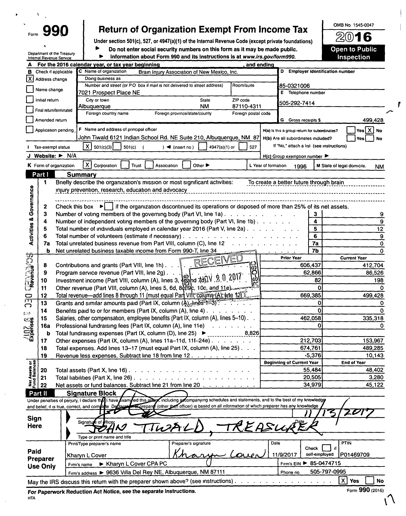 Image of first page of 2016 Form 990 for Brain Injury Alliance of New Mexico