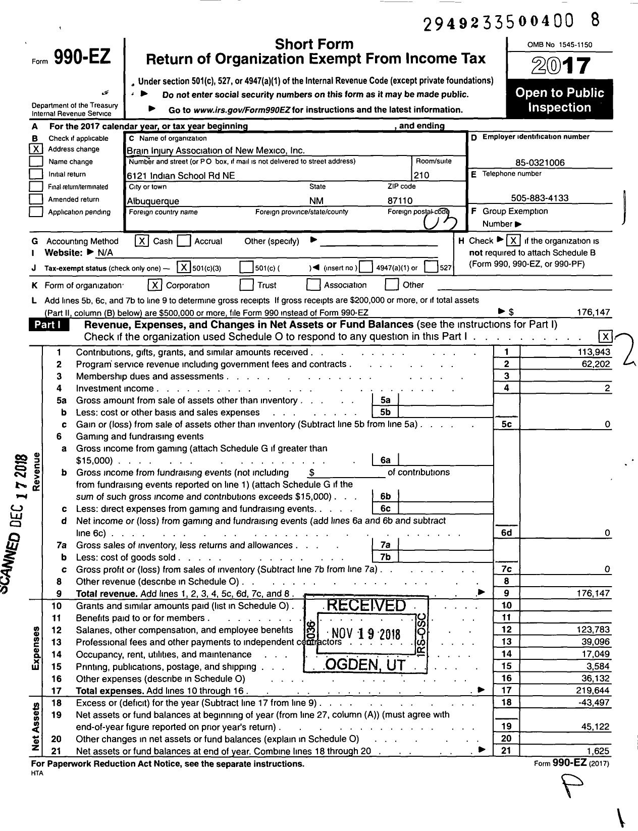 Image of first page of 2017 Form 990EZ for Brain Injury Alliance of New Mexico