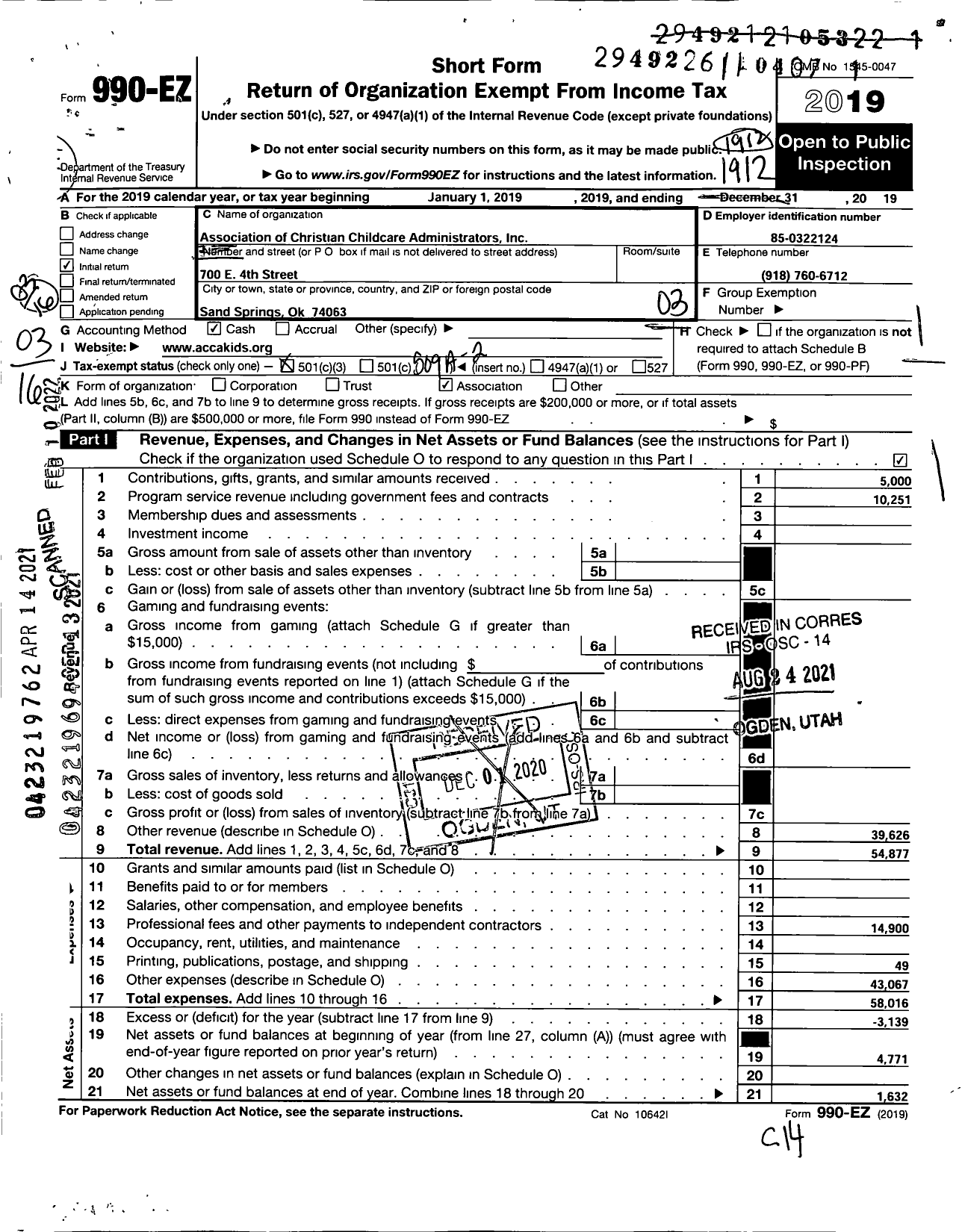 Image of first page of 2019 Form 990EZ for Association of Christian Childcare Administrators