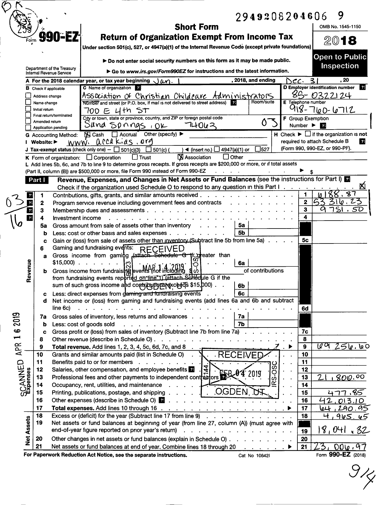 Image of first page of 2018 Form 990EZ for Association of Christian Childcare Administrators