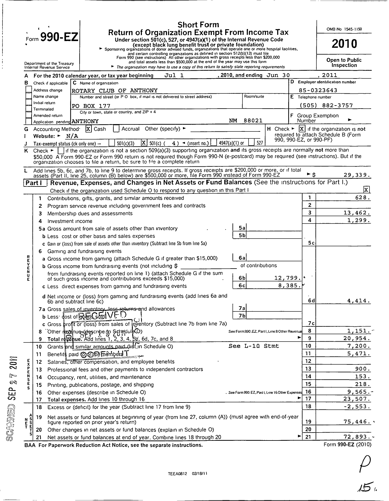 Image of first page of 2010 Form 990EO for Rotary International - Anthony Rotary Club