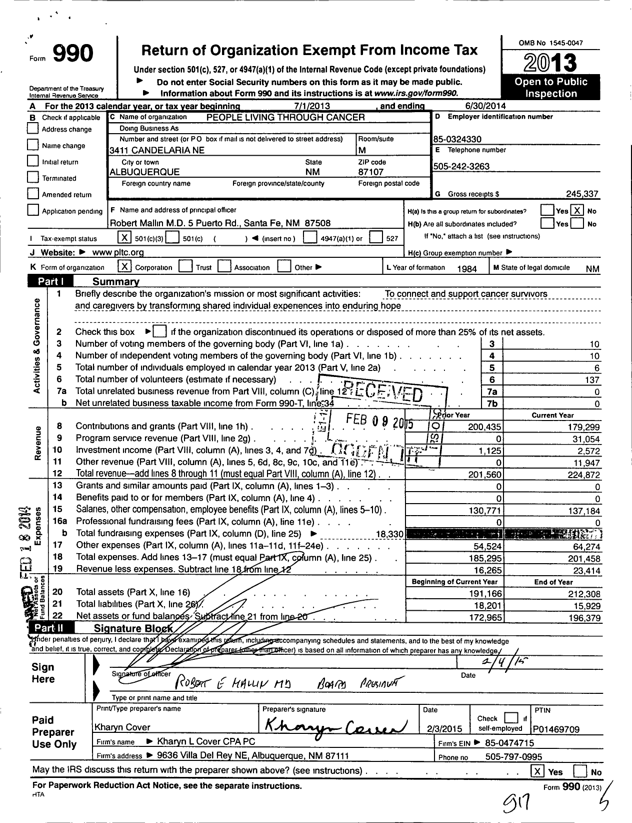 Image of first page of 2013 Form 990 for People Living Through Cancer