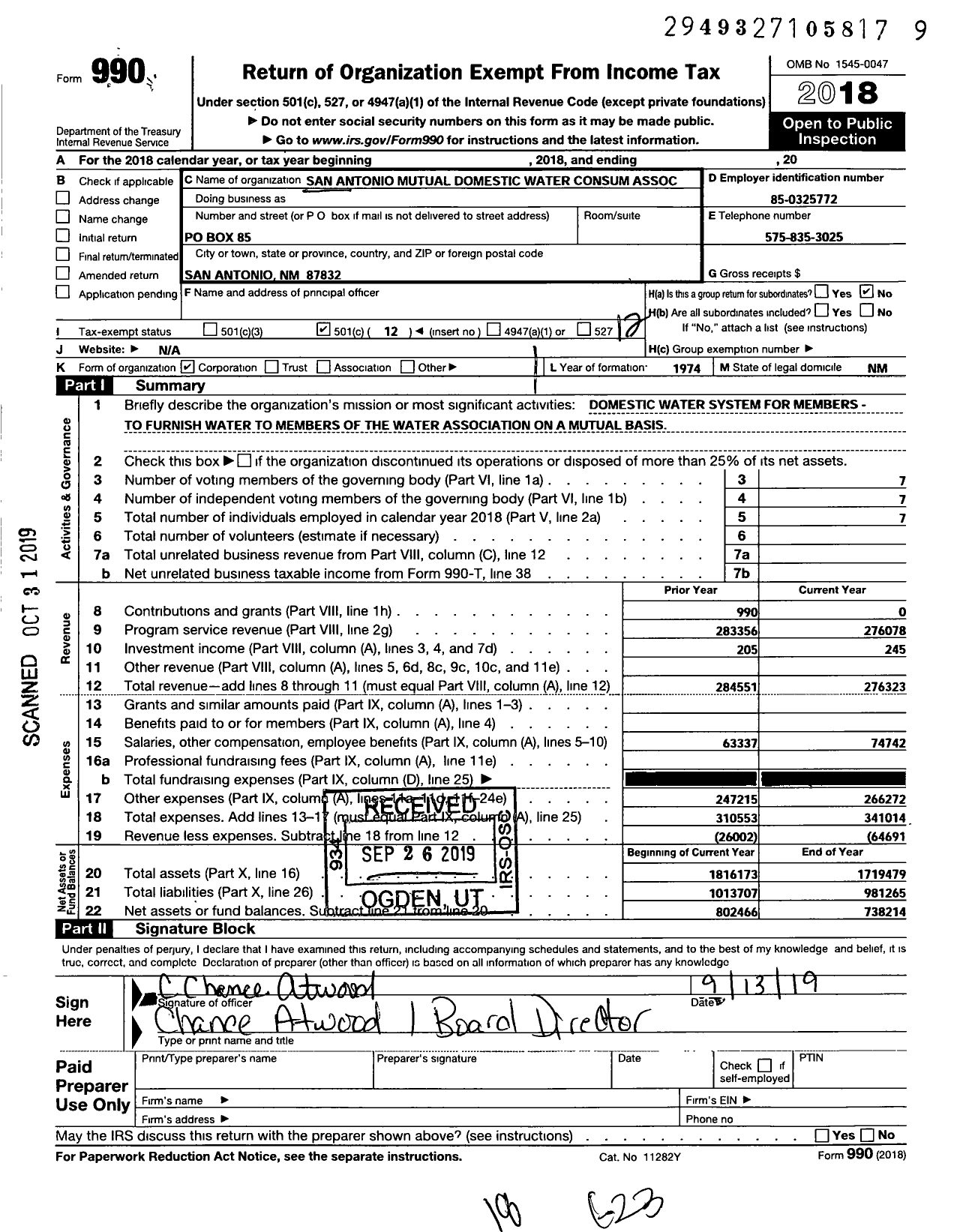 Image of first page of 2018 Form 990O for San Antonio Mutual Domestic Water