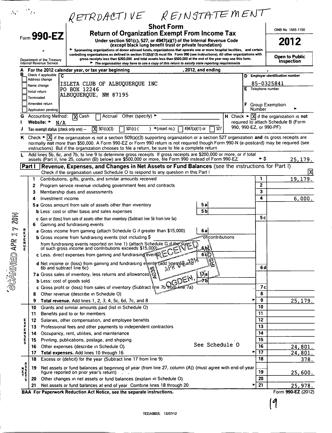 Image of first page of 2012 Form 990EZ for Isleta Club of Albuquerque