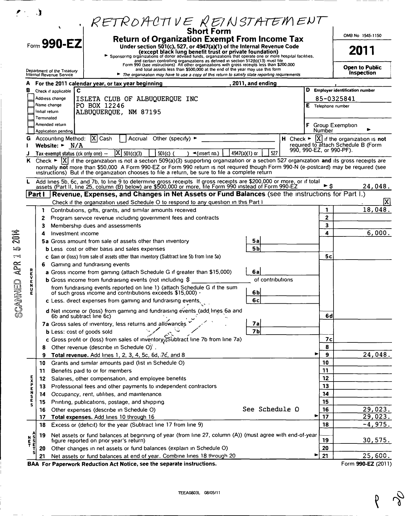 Image of first page of 2011 Form 990EZ for Isleta Club of Albuquerque